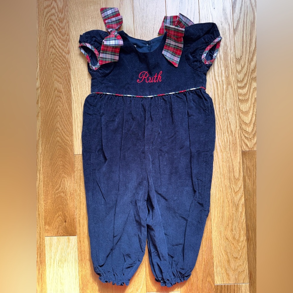 The Beaufort Bonnet Company navy romper with plaid accents Ruth size 12-18months
